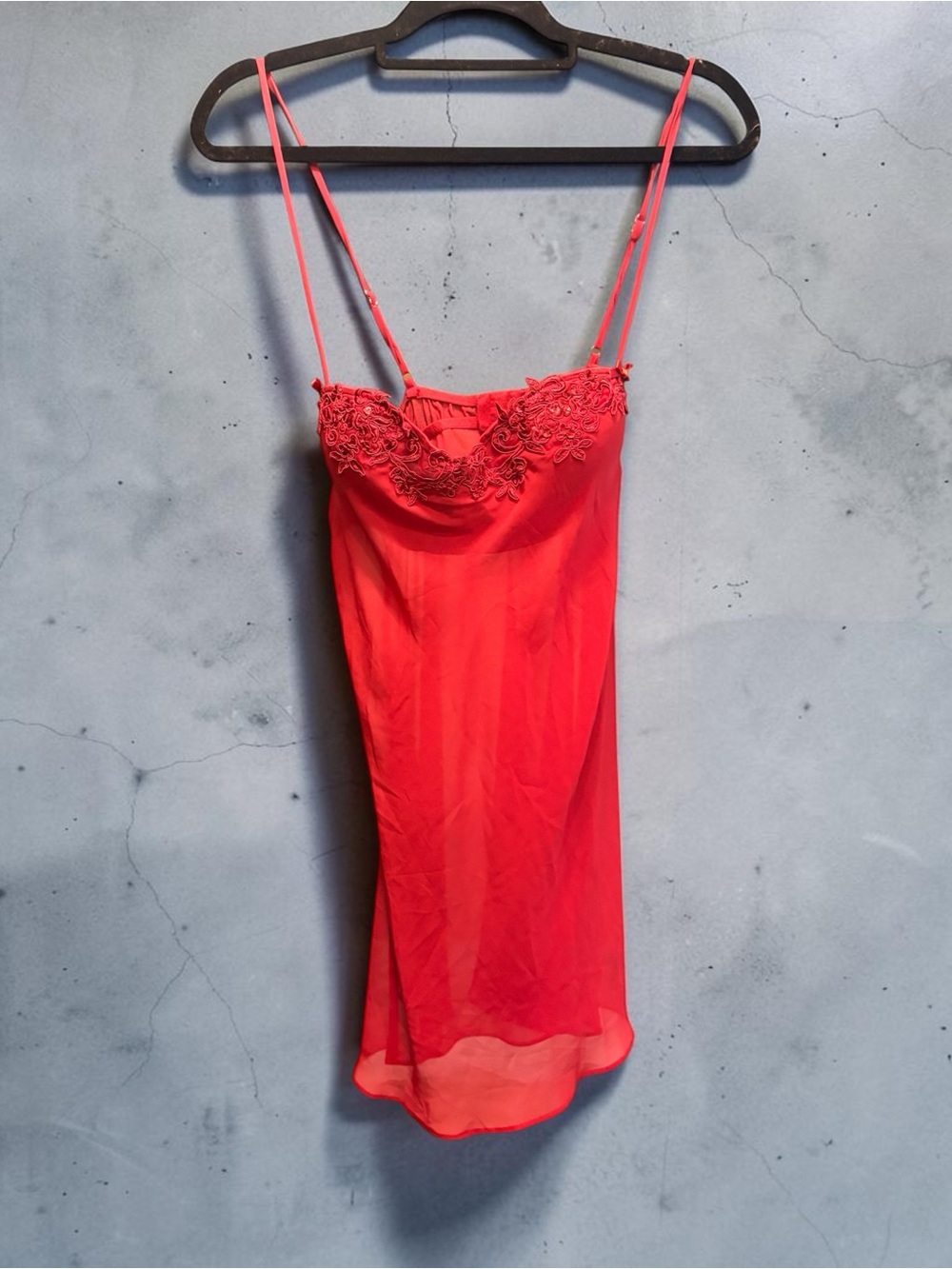 Vintage Y2K Sheer Lace-Trim Slip Dress - Red